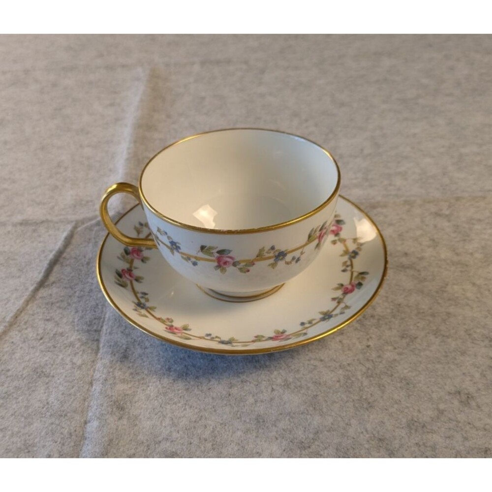 Vintage WM Guerin Co Limoges Hand-painted Floral w/ Gold Rim Tea Cup Saucer Set
